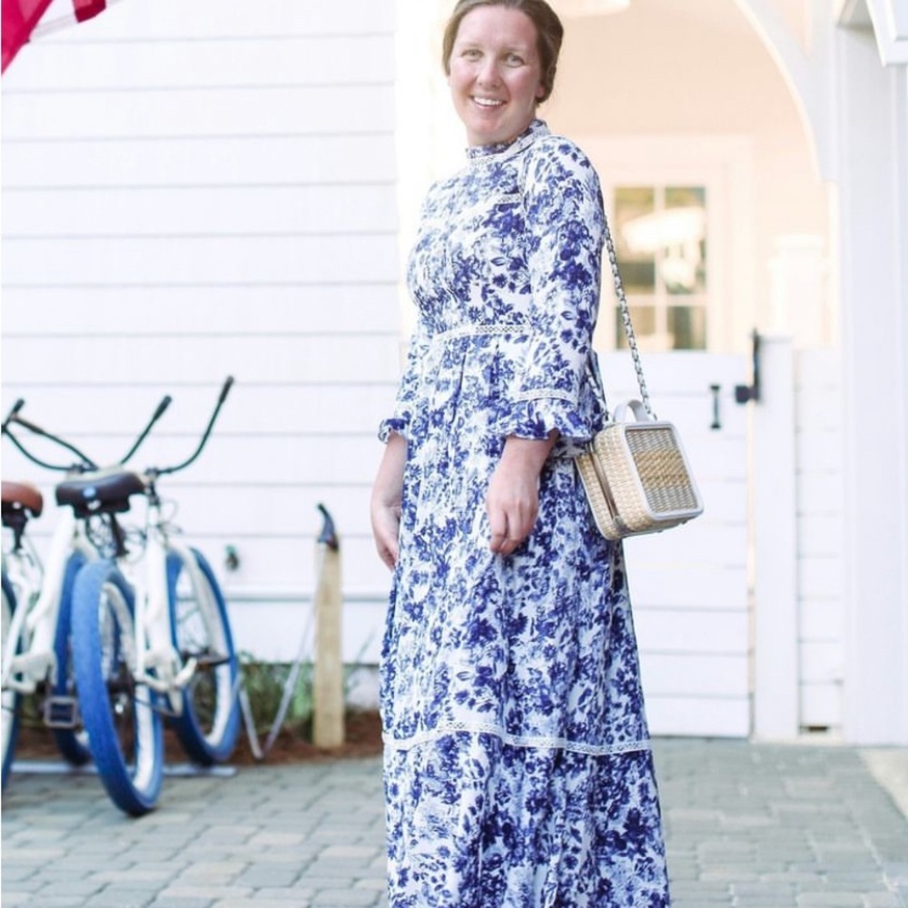 Blue and White A-line Long Sleeve Dress with Mock Neck